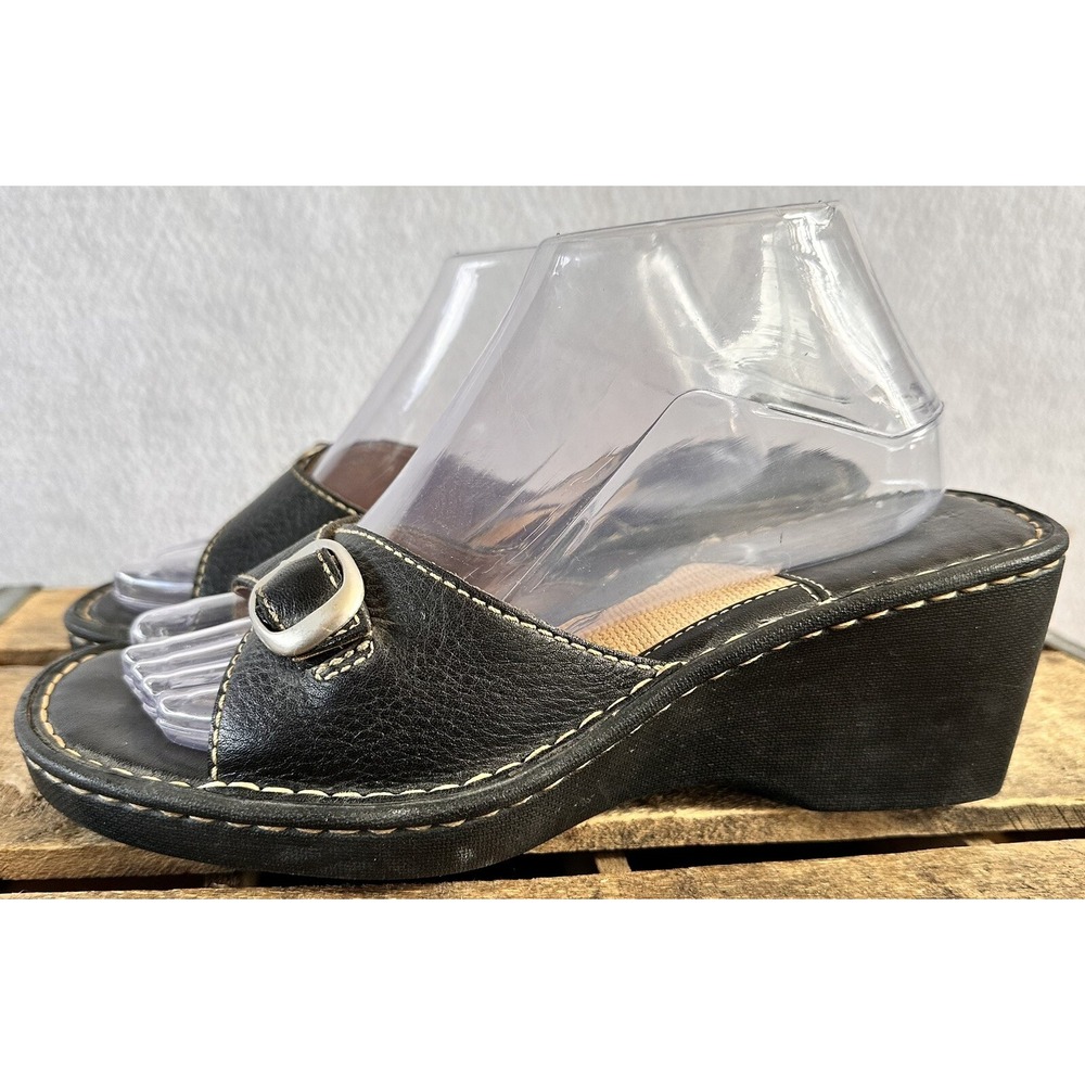 Browns Landing Slides Leather Wedge Sandals Womens 9.5 Black Excellent